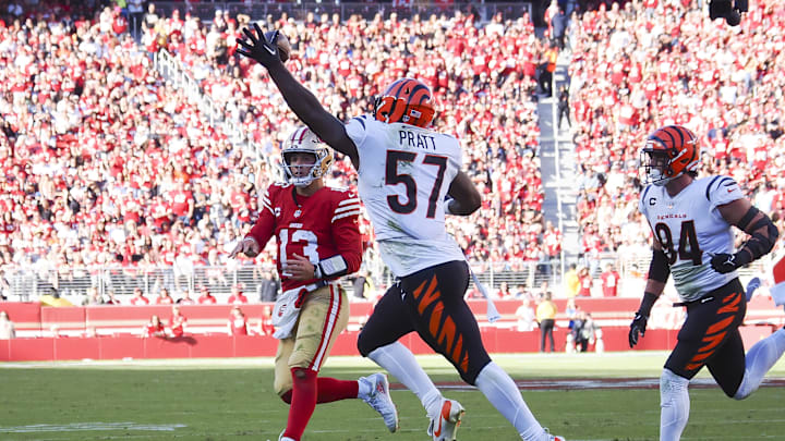 Oct 29, 2023; Santa Clara, California, USA; Cincinnati Bengals linebacker Germaine Pratt (57) intercepts the pass by San Francisco 49ers quarterback Brock Purdy (13) during the third quarter at Levi's Stadium. Mandatory Credit: Kelley L Cox-Imagn Images Oct 29, 2023; Santa Clara, California, USA; Cincinnati Bengals linebacker Germaine Pratt (57) intercepts the pass by San Francisco 49ers quarterback Brock Purdy (13) during the third quarter at Levi's Stadium. Mandatory Credit: Kelley L Cox-Imagn Images