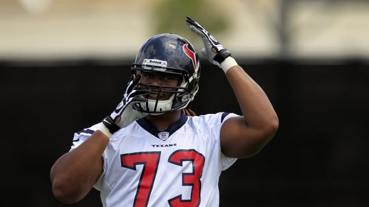 May 20, 2013; Houston, TX, USA; Houston Texans tackle Brennan Williams (73) during organized team activities at the Methodist Training Center at Reliant Stadium. Mandatory Credit: Thomas Campbell-USA TODAY Sports