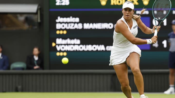 Jul 2, 2024; London, United Kingdom; JessicaBouzas Maneiro (ESP) hits a backhand against Marketa Vondrousova (CZE)(not pictured) in a ladies' singles match on day two of The Championships Wimbledon 2024 at All England Lawn Tennis and Croquet Club. 