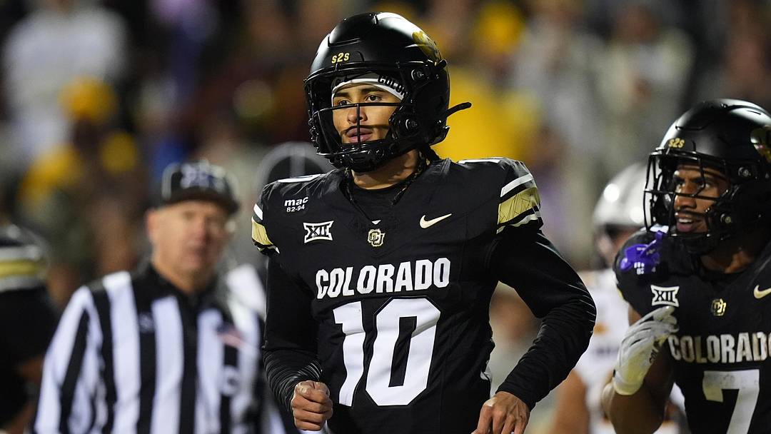Nov 22, 2025; Boulder, Colorado, USA; Colorado Buffaloes quarterback Julian Lewis (10) following his third quarter touchdown against the Arizona State Sun Devils at Folsom Field. Mandatory Credit: Ron Chenoy-Imagn Images
