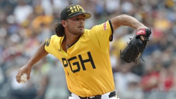 Jun 22, 2024; Pittsburgh, Pennsylvania, USA;  Pittsburgh Pirates starting pitcher Jared Jones (37) delivers a pitch against the Tampa Bay Rays during the first inning at PNC Park. Mandatory Credit: Charles LeClaire-USA TODAY Sports