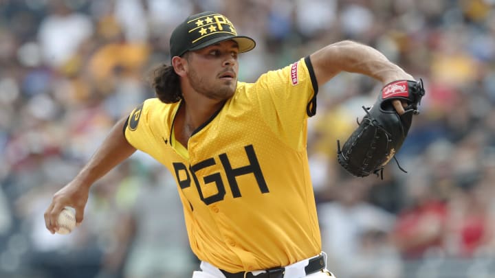 Jun 22, 2024; Pittsburgh, Pennsylvania, USA;  Pittsburgh Pirates starting pitcher Jared Jones (37) delivers a pitch against the Tampa Bay Rays during the first inning at PNC Park. Mandatory Credit: Charles LeClaire-USA TODAY Sports