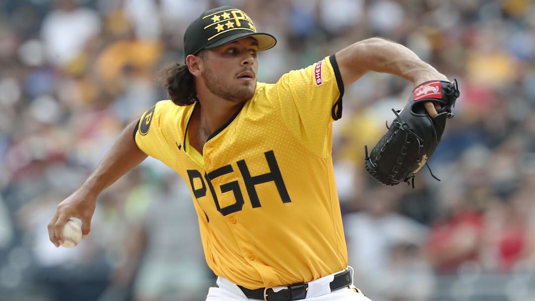 Jun 22, 2024; Pittsburgh, Pennsylvania, USA;  Pittsburgh Pirates starting pitcher Jared Jones (37) delivers a pitch against the Tampa Bay Rays during the first inning at PNC Park. Mandatory Credit: Charles LeClaire-Imagn Images