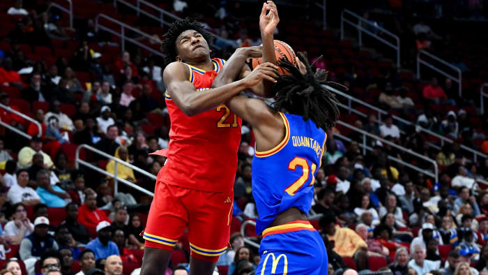 Apr 2, 2024; Houston, TX, USA; McDonald's All American East forward Jayden Quaintance (21) fouls
