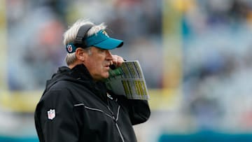 Dec 29, 2024; Jacksonville, Florida, USA; Jacksonville Jaguars head coach Doug Pederson watches the game against the Tennessee Titans at EverBank Stadium. Mandatory Credit: Morgan Tencza-Imagn Images