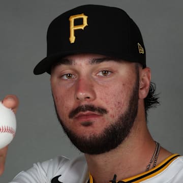 Feb 18, 2025; Bradenton, FL, USA; Pittsburgh Pirates pitcher Paul Skenes (30) poses for a photo during media day at Pirate City. Mandatory Credit: Kim Klement Neitzel-Imagn Images