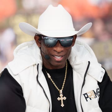 Sep 16, 2023; Boulder, Colorado, USA; Colorado Buffaloes head coach Deion Sanders on the set of ESPN College GameDay prior to the game between the Colorado Buffaloes and the Colorado State Rams at Folsom Field. Mandatory Credit: Andrew Wevers-USA TODAY Sports