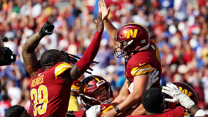 Sep 15, 2024; Landover, Maryland, USA; Washington Commanders place kicker Austin Seibert (3) celebrates with his teammates after making the game winning field goal against the New York Giants at Commanders Field. Mandatory Credit: Peter Casey-Imagn Images