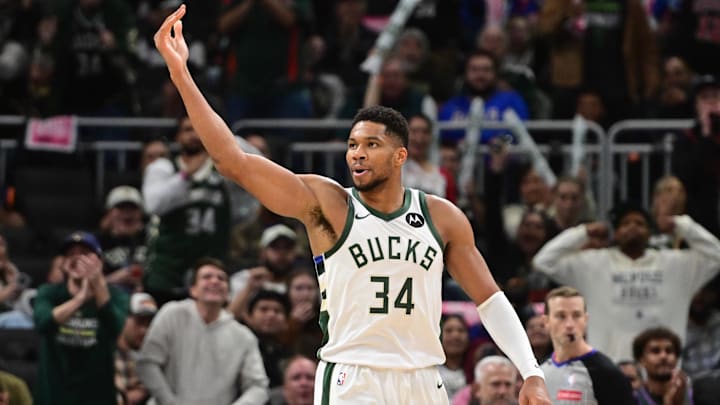 Oct 28, 2025; Milwaukee, Wisconsin, USA; Milwaukee Bucks forward Giannis Antetokounmpo (34) reacts after scoring a basket in the 3rd quarter against the New York Knicks at Fiserv Forum. Mandatory Credit: Benny Sieu-Imagn Images