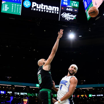 Dec 15, 2023; Boston, Massachusetts, USA; Boston Celtics guard Derrick White (9) shoots the ball
