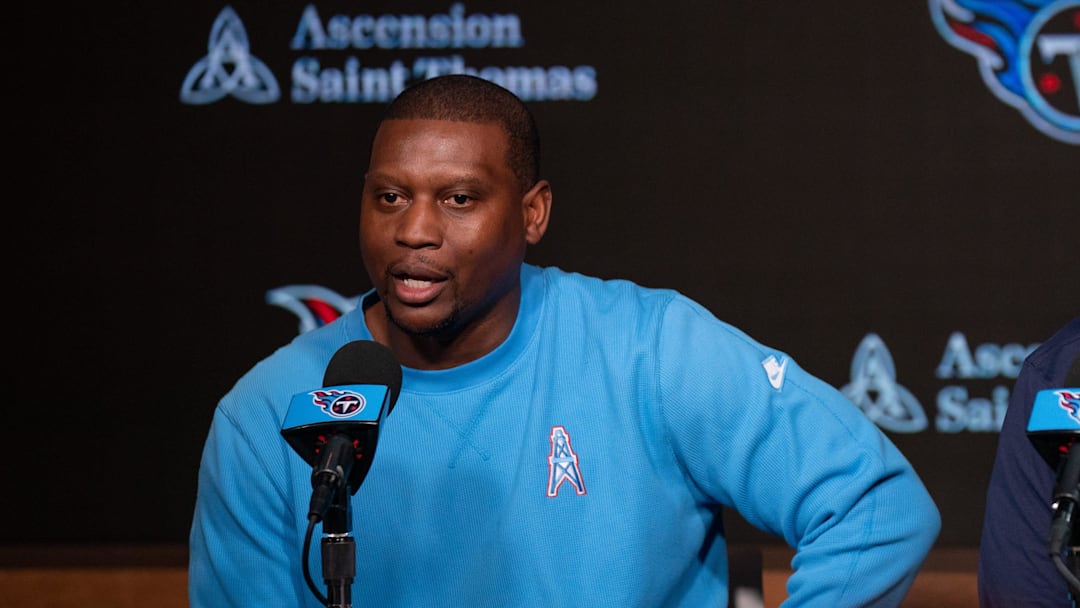 Tennessee Titans Defensive Coordinator Dennard Wilson, left, fields questions with Head Coach Brian Callahan at Ascension Saint Thomas Sports Park in Nashville, Tenn., Wednesday, Feb. 14, 2024.
