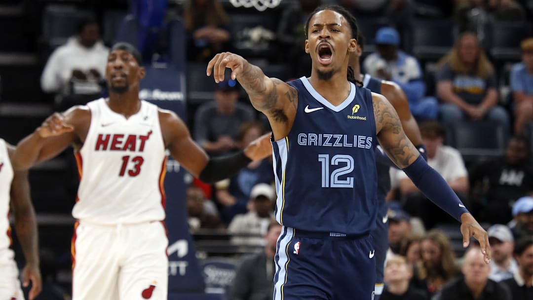 Oct 24, 2025; Memphis, Tennessee, USA; Memphis Grizzlies guard Ja Morant (12) reacts during the first quarter against the Miami Heat at FedExForum. Mandatory Credit: Petre Thomas-Imagn Images Oct 24, 2025; Memphis, Tennessee, USA; Memphis Grizzlies guard Ja Morant (12) reacts during the first quarter against the Miami Heat at FedExForum. Mandatory Credit: Petre Thomas-Imagn Images