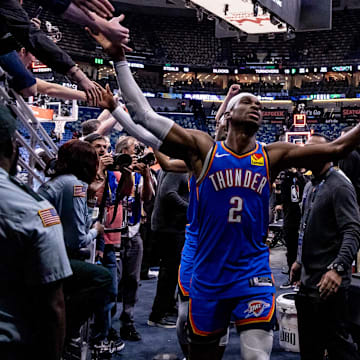 Apr 29, 2024; New Orleans, Louisiana, USA; Oklahoma City Thunder guard Shai Gilgeous-Alexander (2) goes off the court after defeating the New Orleans Pelicans after game four of the first round for the 2024 NBA playoffs at Smoothie King Center. Mandatory Credit: Stephen Lew-Imagn Images