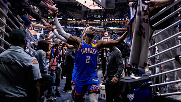 Apr 29, 2024; New Orleans, Louisiana, USA; Oklahoma City Thunder guard Shai Gilgeous-Alexander (2) goes off the court after defeating the New Orleans Pelicans after game four of the first round for the 2024 NBA playoffs at Smoothie King Center. Mandatory Credit: Stephen Lew-Imagn Images