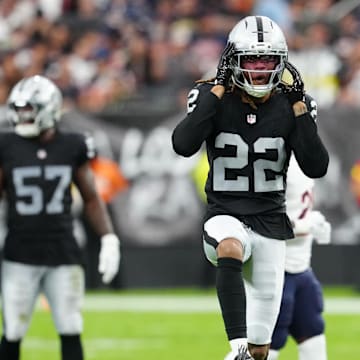 Sep 28, 2025; Paradise, Nevada, USA; Las Vegas Raiders cornerback Eric Stokes (22) celebrates during the second half against the Chicago Bears at Allegiant Stadium. Mandatory Credit: Stephen R. Sylvanie-Imagn Images