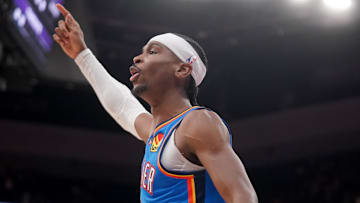 Mar 25, 2025; Sacramento, California, USA; Oklahoma City Thunder guard Shai Gilgeous-Alexander (2) reacts after the Thunder made a basket against the Sacramento Kings in the fourth quarter at the Golden 1 Center. Mandatory Credit: Cary Edmondson-Imagn Images
