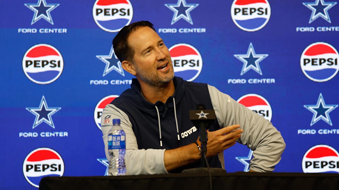 Jun 10, 2025; Arlington, TX, USA;  Dallas Cowboys head coach Brian Schottenheimer addresses the media before practice at the Ford Center at the Star Training Facility in Frisco, Texas. Mandatory Credit: Chris Jones-Imagn Images