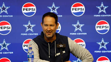 Jun 10, 2025; Arlington, TX, USA;  Dallas Cowboys head coach Brian Schottenheimer addresses the media before practice at the Ford Center at the Star Training Facility in Frisco, Texas. Mandatory Credit: Chris Jones-Imagn Images