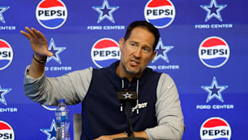 Jun 10, 2025; Arlington, TX, USA;  Dallas Cowboys head coach Brian Schottenheimer addresses the media before practice at the Ford Center at the Star Training Facility in Frisco, Texas. Mandatory Credit: Chris Jones-Imagn Images