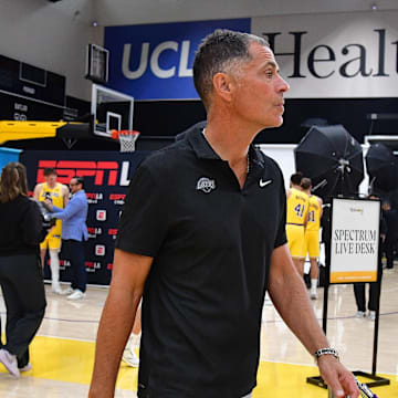 Sep 29, 2025; Los Angeles, CA, USA; Los Angeles Lakers president of basketball operations and general manager Rob Pelinka during media day at UCLA Health Training Center. Mandatory Credit: Gary A. Vasquez-Imagn Images
