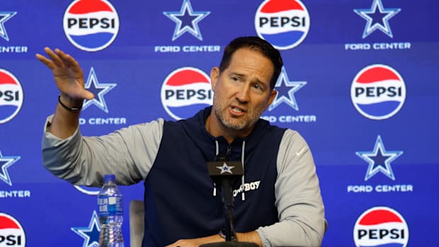 Dallas Cowboys head coach Brian Schottenheimer addresses the media before practice at the Ford Center at the Star Training Fa