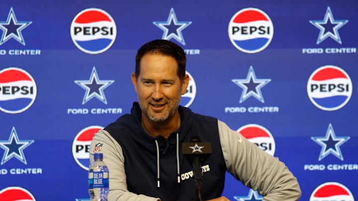 Jun 10, 2025; Arlington, TX, USA;  Dallas Cowboys head coach Brian Schottenheimer addresses the media before practice at the Ford Center at the Star Training Facility in Frisco, Texas. Mandatory Credit: Chris Jones-Imagn Images