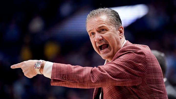 Arkansas coach John Calipari works with his team during the second half of a SEC tournament semifinal game against Mississippi at Bridgestone Arena in Nashville, Tenn., Saturday, March 14, 2026.