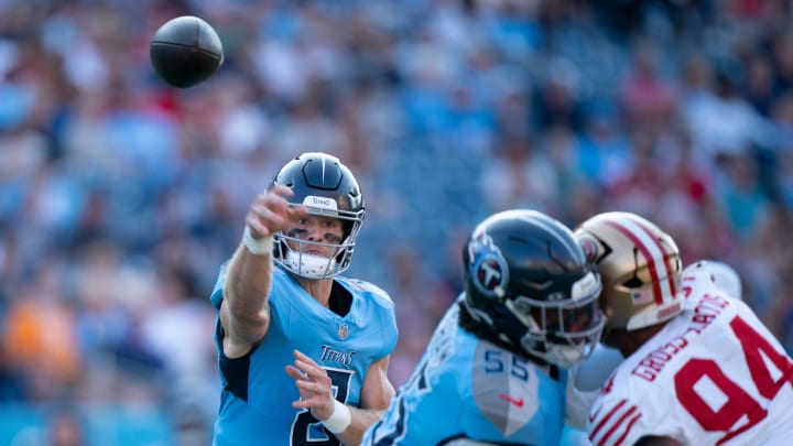 Tennessee Titans quarterback Will Levis (8) throws to Tennessee Titans running back Tony Pollard (20) during their first preseason game of the 2024-25 season at Nissan Stadium Saturday, Aug. 10, 2024.