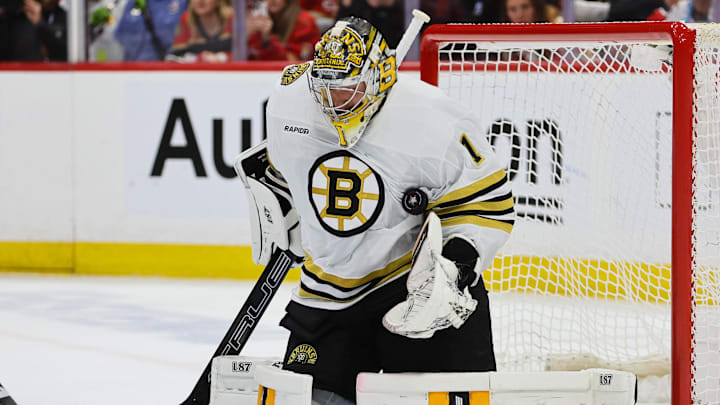 May 8, 2024; Sunrise, Florida, USA; Boston Bruins goaltender Jeremy Swayman (1) makes a save against the Florida Panthers during the first period in game two of the second round of the 2024 Stanley Cup Playoffs at Amerant Bank Arena. Mandatory Credit: Sam Navarro-Imagn Images