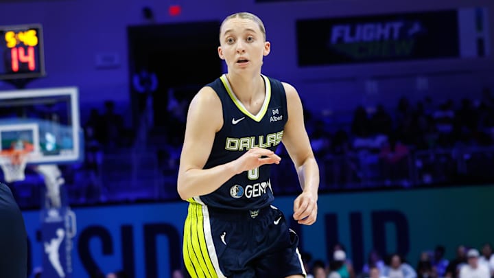 Dallas Wings guard Paige Bueckers reacts against the Las Vegas Aces. Dallas Wings guard Paige Bueckers reacts against the Las Vegas Aces.
