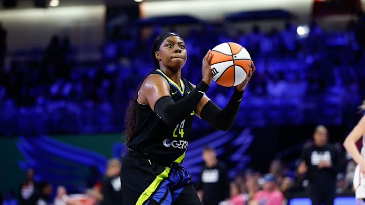 Dallas Wings guard Arike Ogunbowale shoots a free throw against the Washington Mystics.