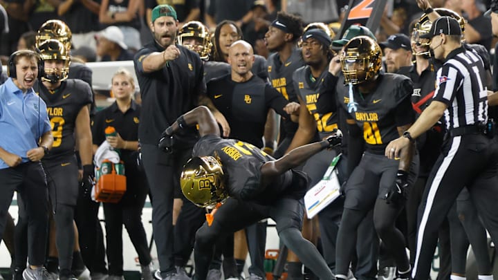 Baylor Bears safety Devyn Bobby (3) reacts after a play against the Auburn Tigers during the second half at McLane Stadium
