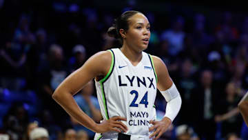 Jun 8, 2025; Arlington, Texas, USA; Minnesota Lynx forward Napheesa Collier (24) reacts against the Dallas Wings during the first half at College Park Center. Mandatory Credit: Chris Jones-Imagn Images