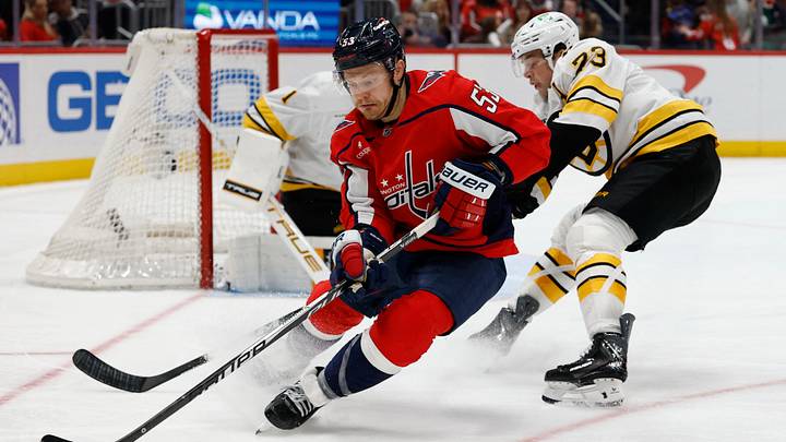Mar 9, 2026; Washington, District of Columbia, USA; Washington Capitals right wing Ethen Frank (53) skates with the puck past Boston Bruins defenseman Charlie McAvoy (73) in front of Bruins goaltender Jeremy Swayman (1) during the third period at Capital One Arena. Mandatory Credit: Geoff Burke-Imagn Images Mar 9, 2026; Washington, District of Columbia, USA; Washington Capitals right wing Ethen Frank (53) skates with the puck past Boston Bruins defenseman Charlie McAvoy (73) in front of Bruins goaltender Jeremy Swayman (1) during the third period at Capital One Arena. Mandatory Credit: Geoff Burke-Imagn Images