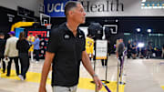 Sep 29, 2025; Los Angeles, CA, USA; Los Angeles Lakers president of basketball operations and general manager Rob Pelinka during media day at UCLA Health Training Center. Mandatory Credit: Gary A. Vasquez-Imagn Images