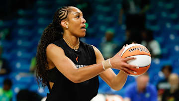 Jul 16, 2025; Arlington, Texas, USA;  Las Vegas Aces center A'ja Wilson (22) warms up before the game against the Dallas Wings at College Park Center. Mandatory Credit: Chris Jones-Imagn Images