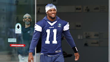 Dallas Cowboys defensive end Micah Parsons walks onto the practice field at the Ford Center at the Star Training Facility in Frisco, Texas. 