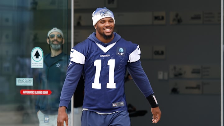 Dallas Cowboys defensive end Micah Parsons walks onto the practice field at the Ford Center at the Star Training Facility in Frisco, Texas. 