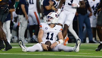 Aug 29, 2025; Waco, Texas, USA; Auburn Tigers quarterback Jackson Arnold (11) reacts after running the ball against the Baylor Bears during the first half at McLane Stadium. Mandatory Credit: Chris Jones-Imagn Images