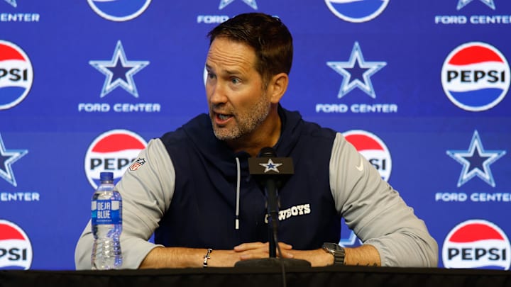 Jun 10, 2025; Arlington, TX, USA;  Dallas Cowboys head coach Brian Schottenheimer addresses the media before practice at the Ford Center at the Star Training Facility in Frisco, Texas. Mandatory Credit: Chris Jones-Imagn Images