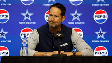 Dallas Cowboys head coach Brian Schottenheimer addresses the media before practice at the Ford Center at the Star Training Facility in Frisco, Texas. 