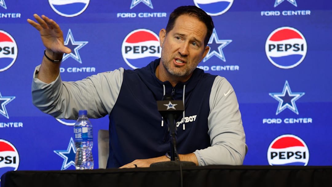 Jun 10, 2025; Arlington, TX, USA;  Dallas Cowboys head coach Brian Schottenheimer addresses the media before practice at the Ford Center at the Star Training Facility in Frisco, Texas.