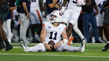 Aug 29, 2025; Waco, Texas, USA; Auburn Tigers quarterback Jackson Arnold (11) reacts after running the ball against the Baylor Bears during the first half at McLane Stadium. Mandatory Credit: Chris Jones-Imagn Images