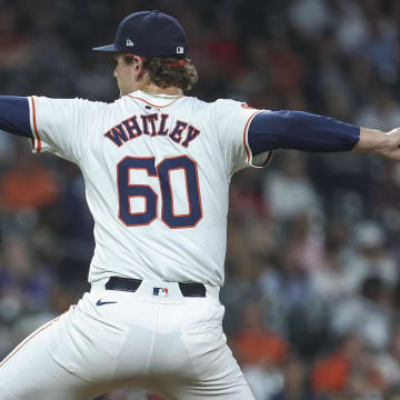 Apr 16, 2024; Houston, Texas, USA; Houston Astros relief pitcher Forrest Whitley (60) delivers a pitch during the ninth inning against the Atlanta Braves at Minute Maid Park