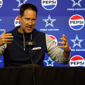 Dallas Cowboys head coach Brian Schottenheimer addresses the media before practice at the Ford Center.
