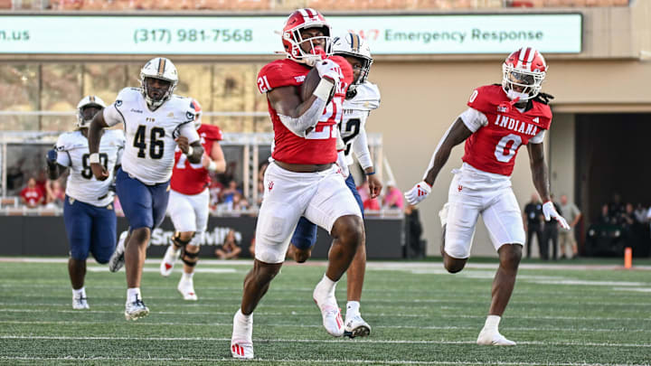 Indiana Hoosiers running back Elijah Green (21) runs for a touchdown against the Florida International Panthers at Memorial Stadium. 