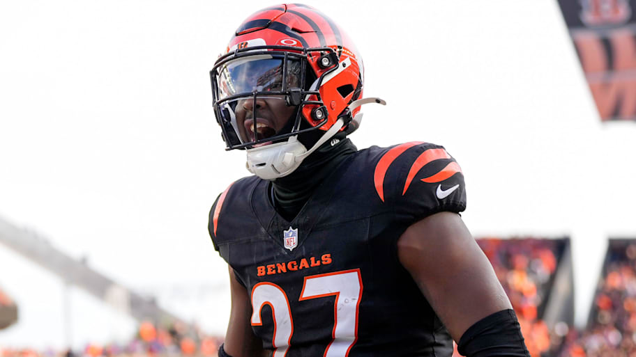 Cincinnati Bengals safety Jordan Battle (27) celebrates after intercepting a pass in the end zone intended for Cleveland Browns tight end David Njoku (85) in the fourth quarter of the NFL Week 16 game between the Cincinnati Bengals and the Cleveland Browns at Paycor Stadium in downtown Cincinnati on Sunday, Dec. 22, 2024. The Bengals won 24-16. | Sam Greene/The Enquirer / USA TODAY NETWORK via Imagn Images
