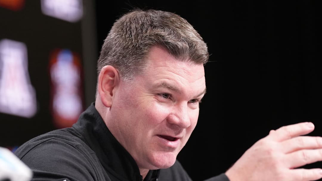 Apr 2, 2026; Indianapolis, IN, USA; Arizona head coach Tommy Lloyd during a press conference ahead of the Final Four of the men's 2026 NCAA Tournament at Lucas Oil Stadium. Mandatory Credit: Robert Deutsch-Imagn Images