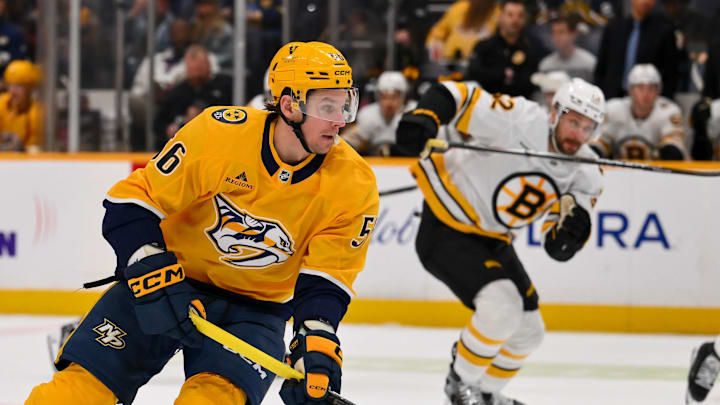 Mar 5, 2026; Nashville, Tennessee, USA;   Nashville Predators left wing Erik Haula (56) skates with the puck against the Boston Bruins during the first period at Bridgestone Arena. Mandatory Credit: Steve Roberts-Imagn Images