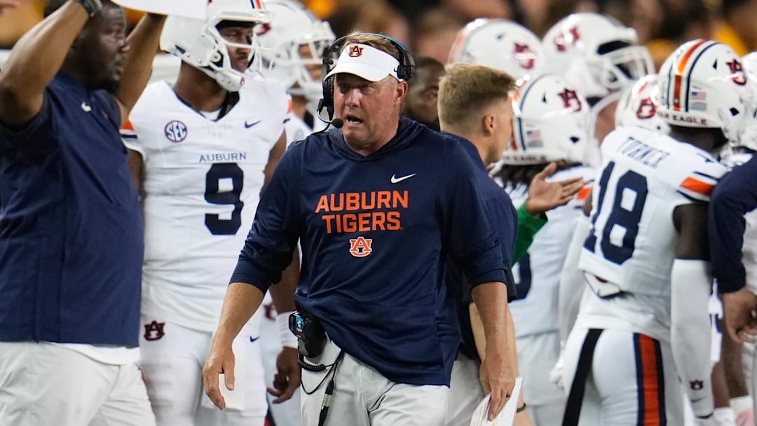 Aug 29, 2025; Waco, Texas, USA; Auburn Tigers head coach Hugh Freeze reactsagainst the Baylor Bears during the second half at McLane Stadium. Mandatory Credit: Chris Jones-Imagn Images
